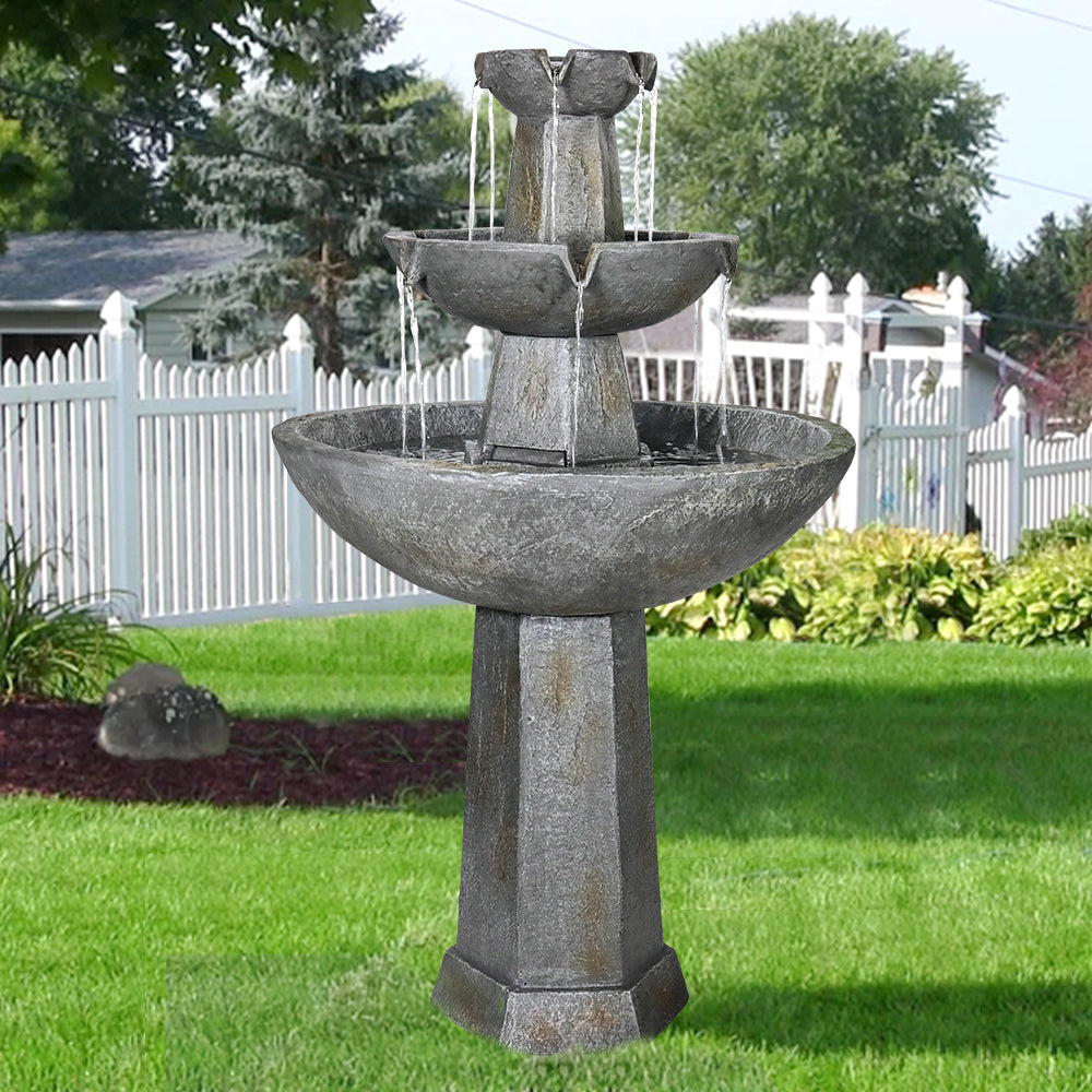 3-Tiered Cement Grey Outdoor Garden Fountain-43.3"H