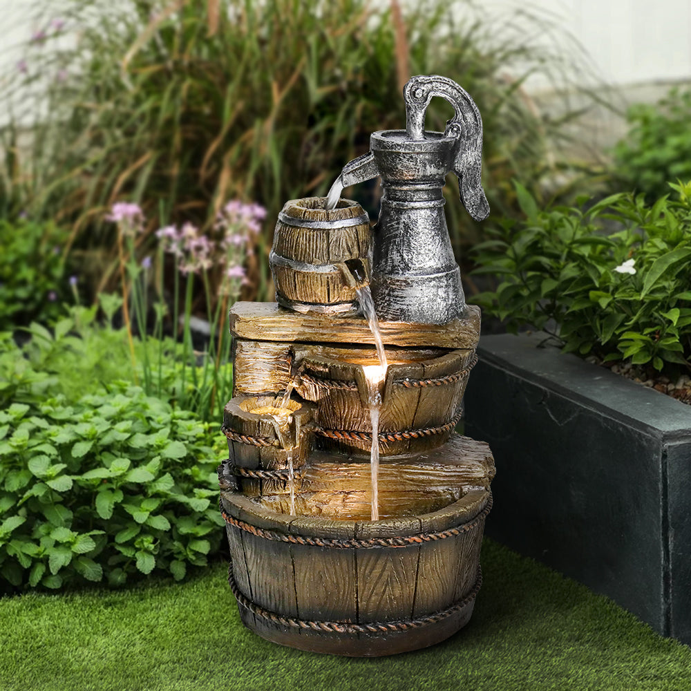 25.5''H 3-Tiered Retro Barrel Outdoor Fountain with LED Lights