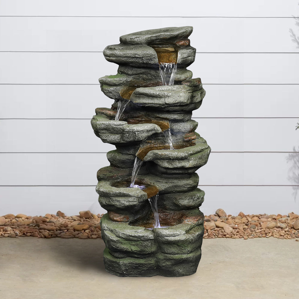 30.7"H- Tiered  Rock Garden Outdoor Fountain with White LED Lights