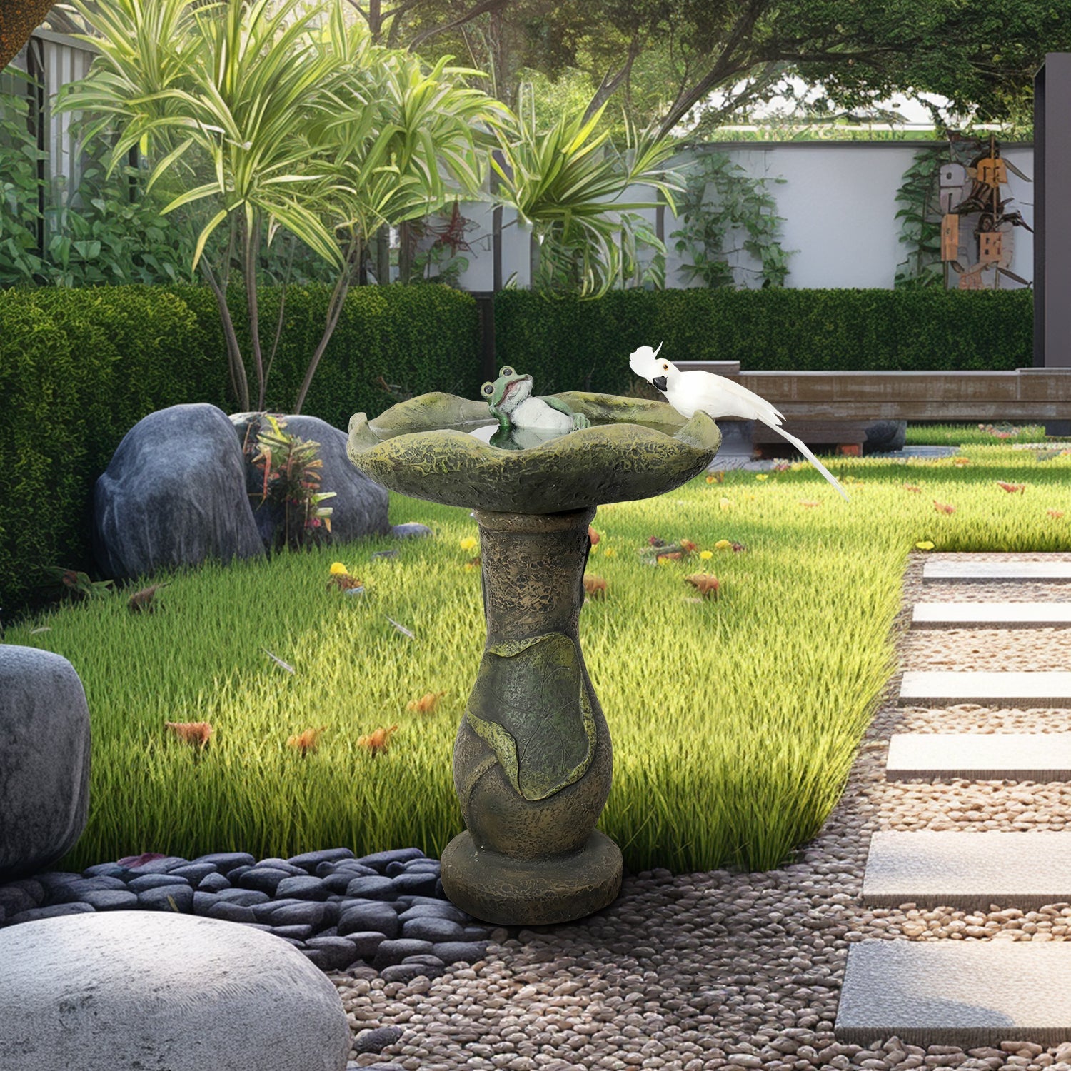 Concrete Outdoor Freestanding Bird Bath for Garden with Lotus Birdbath Bowl and a Frog Decorative Statue-20.8”Tall