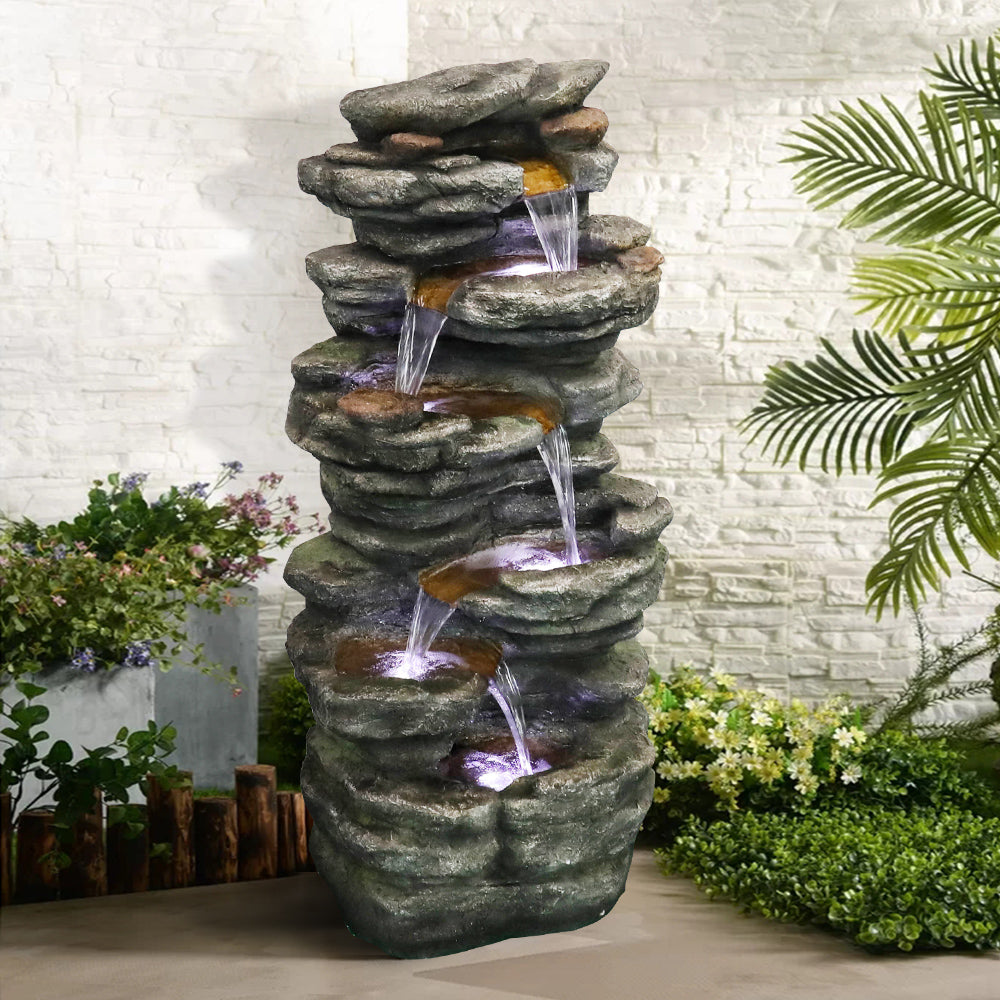 40"H-Tiered Rocks Waterfall Outdoor Fountain with LED Lights