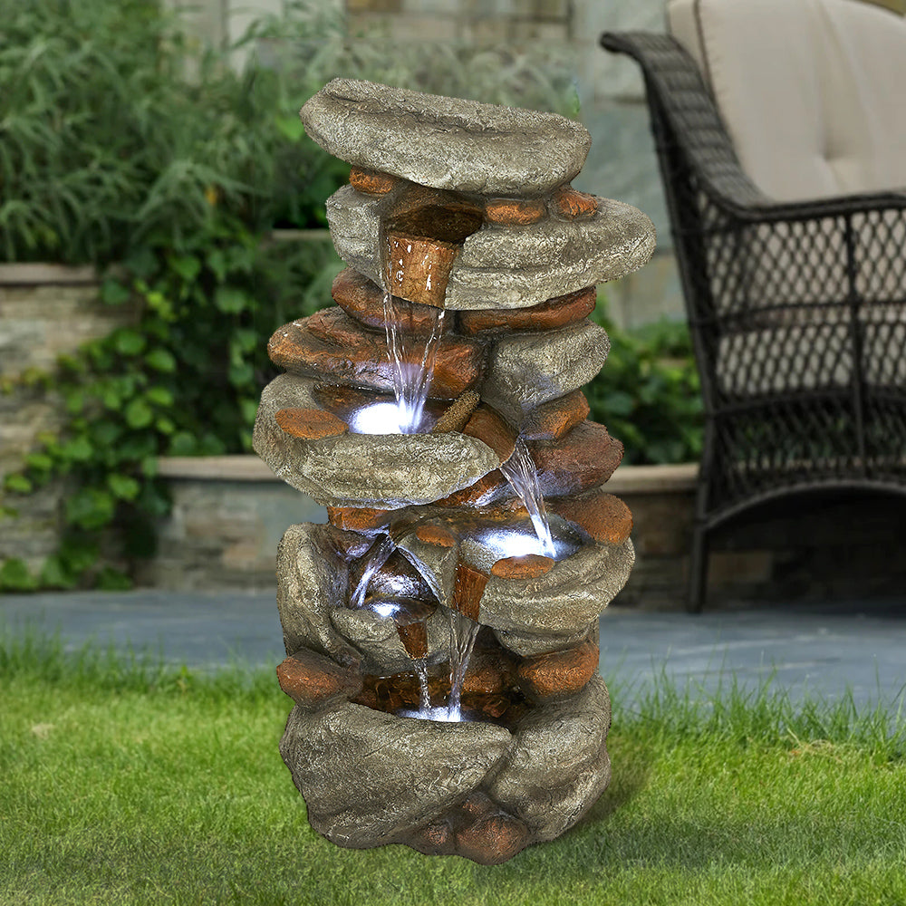 29.9"H-Tiered  Rock Garden Outdoor Fountain with LED Lights