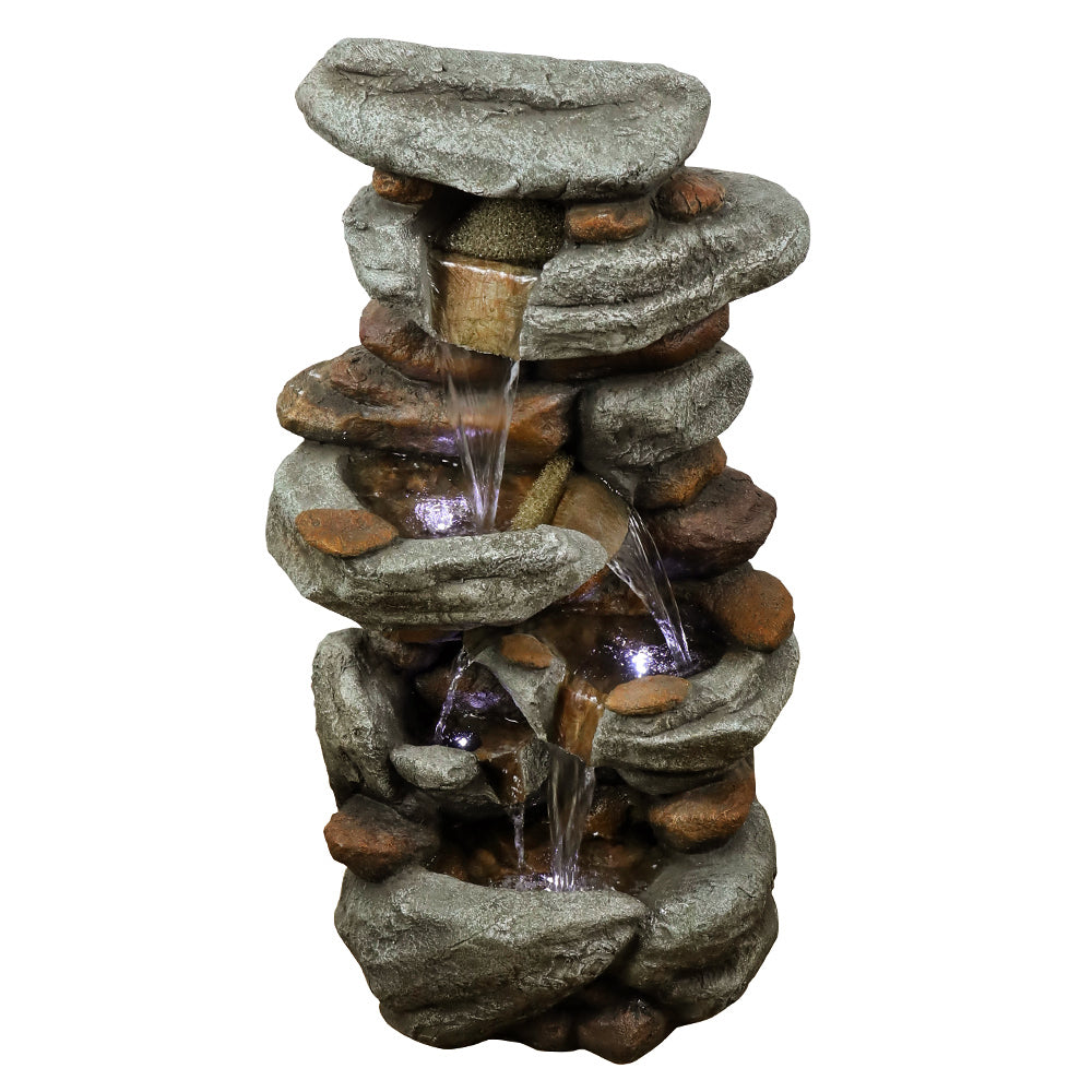 29.9"H-Tiered  Rock Garden Outdoor Fountain with LED Lights