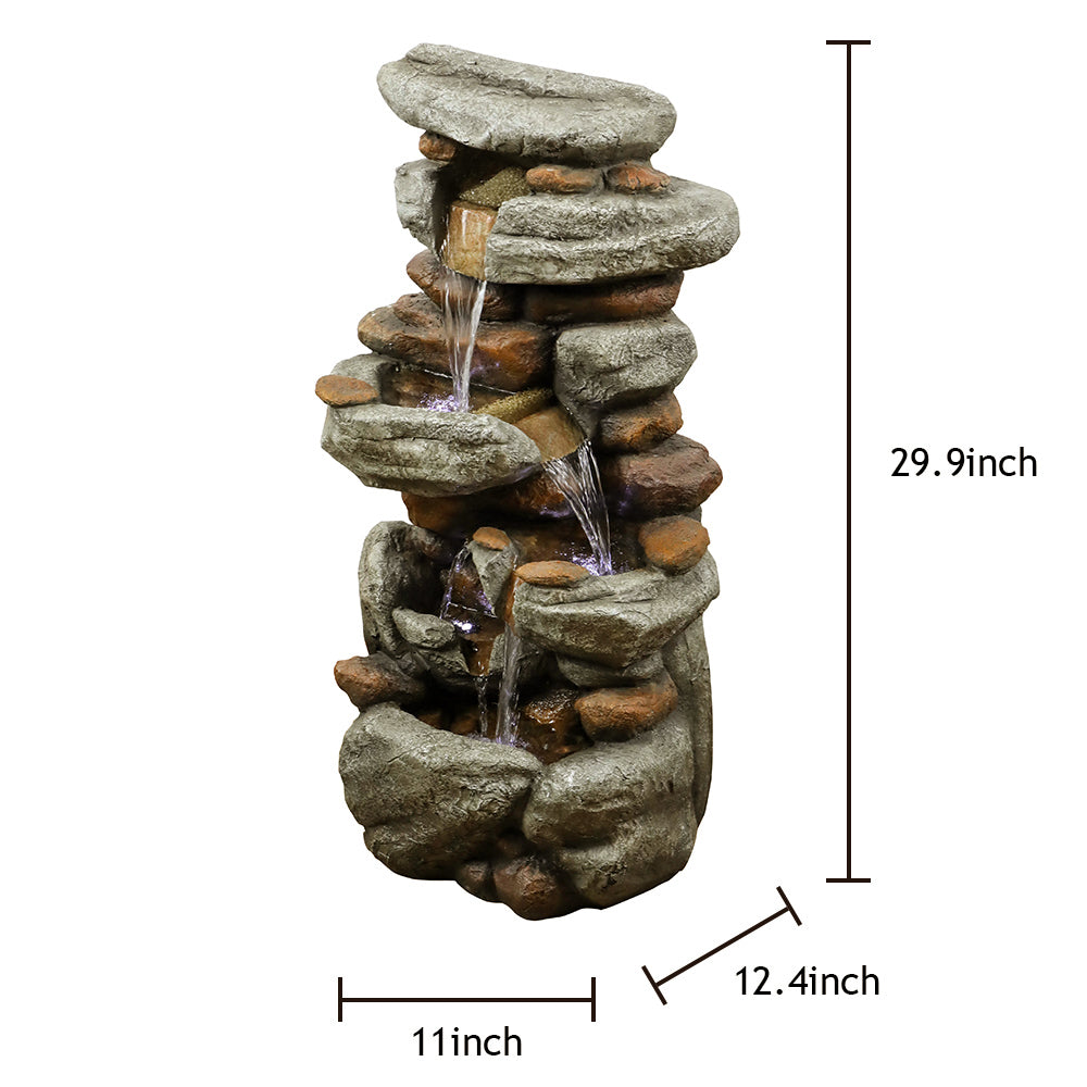 29.9"H-Tiered  Rock Garden Outdoor Fountain with LED Lights