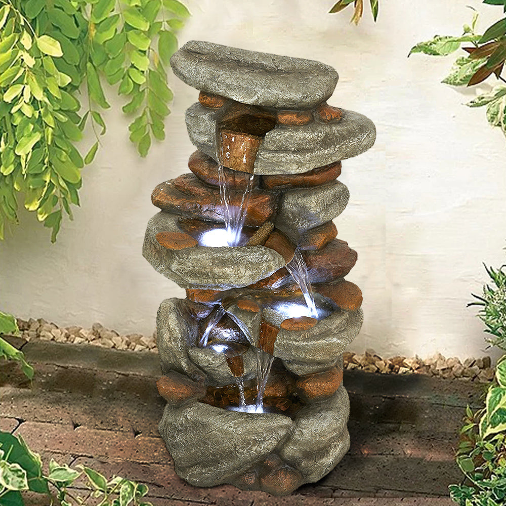 29.9"H-Tiered  Rock Garden Outdoor Fountain with LED Lights