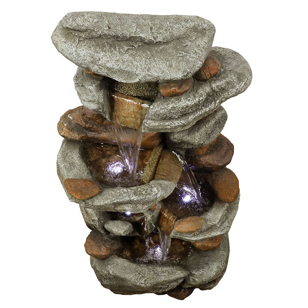 29.9"H-Tiered  Rock Garden Outdoor Fountain with LED Lights