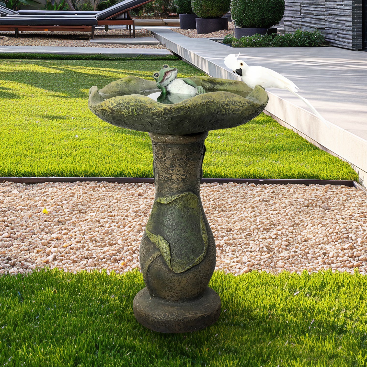 Concrete Outdoor Freestanding Bird Bath for Garden with Lotus Birdbath Bowl and a Frog Decorative Statue-20.8”Tall