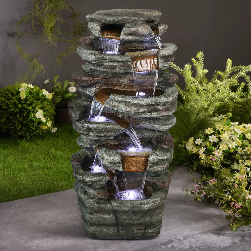 48" H 7-Tiered Stacked Shale Outdoor Fountain with LED Lights