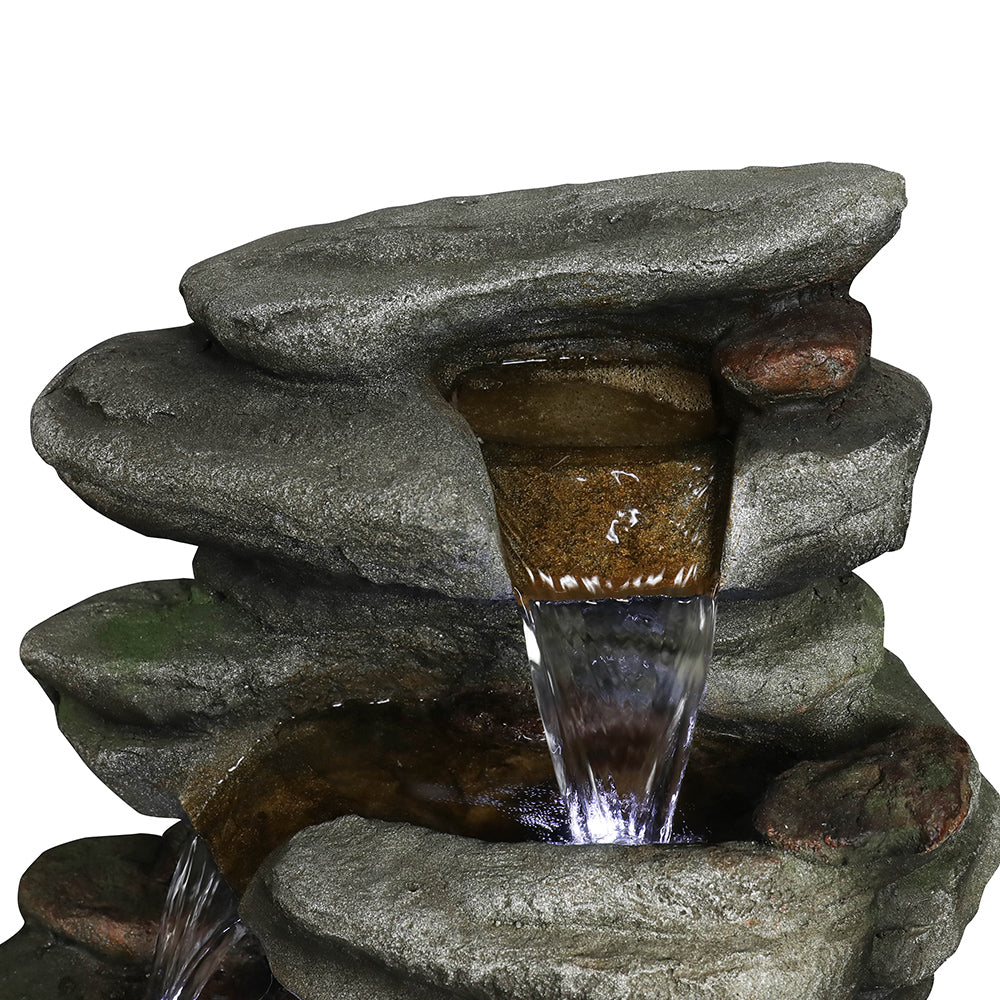 30.7"H- Tiered  Rock Garden Outdoor Fountain with White LED Lights