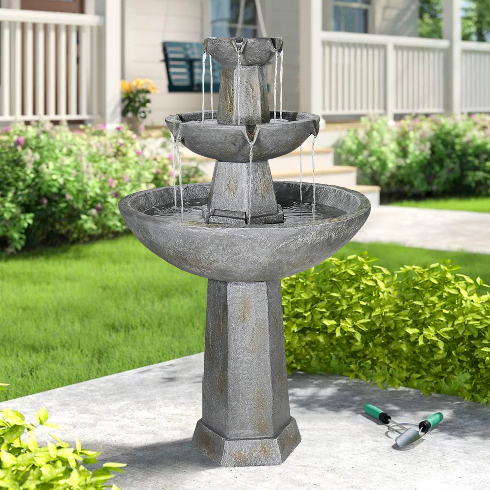 3-Tiered Cement Grey Outdoor Garden Fountain-43.3"H