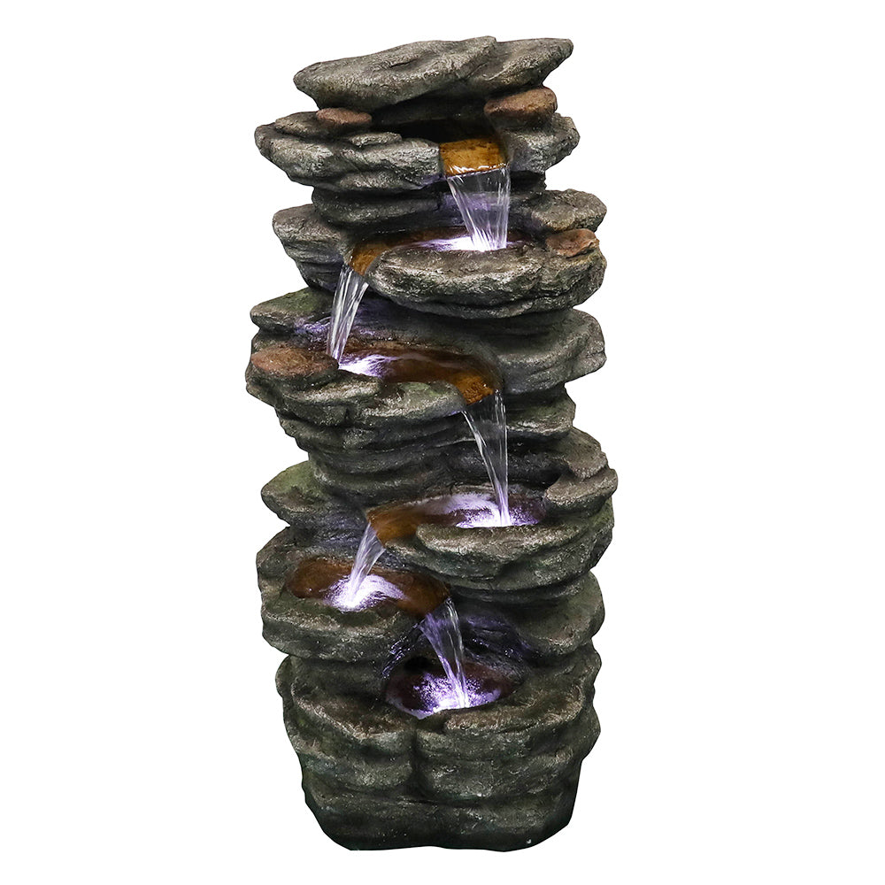 40"H-Tiered Rocks Waterfall Outdoor Fountain with LED Lights