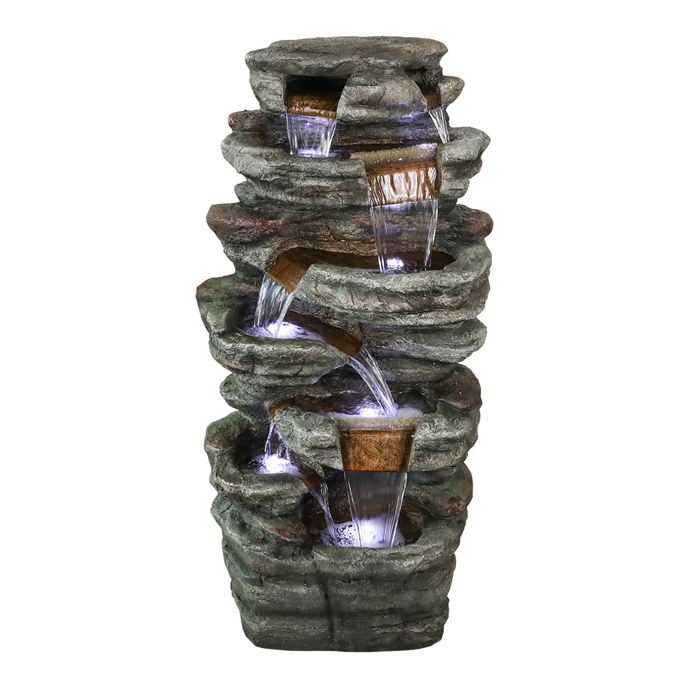 48" H 7-Tiered Stacked Shale Outdoor Fountain with LED Lights