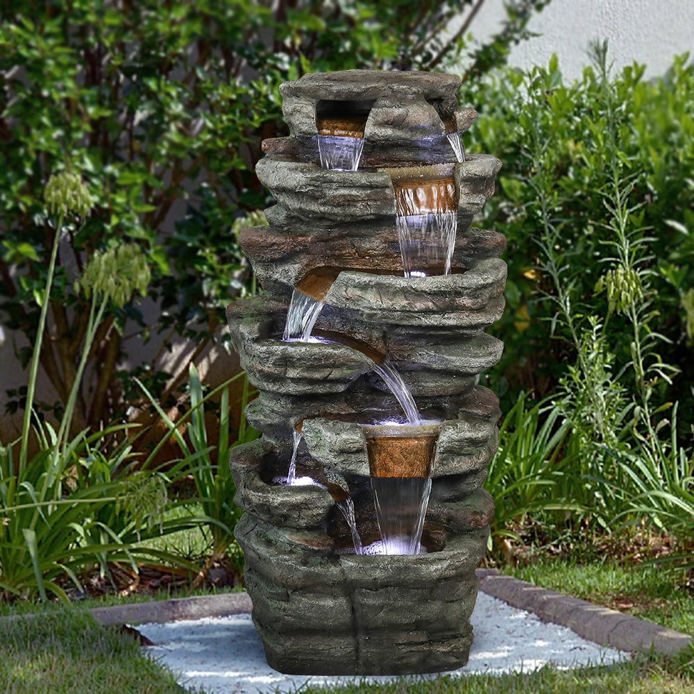 48" H 7-Tiered Stacked Shale Outdoor Fountain with LED Lights