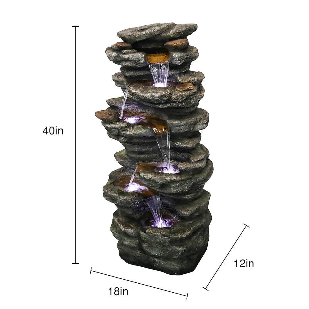 40"H-Tiered Rocks Waterfall Outdoor Fountain with LED Lights