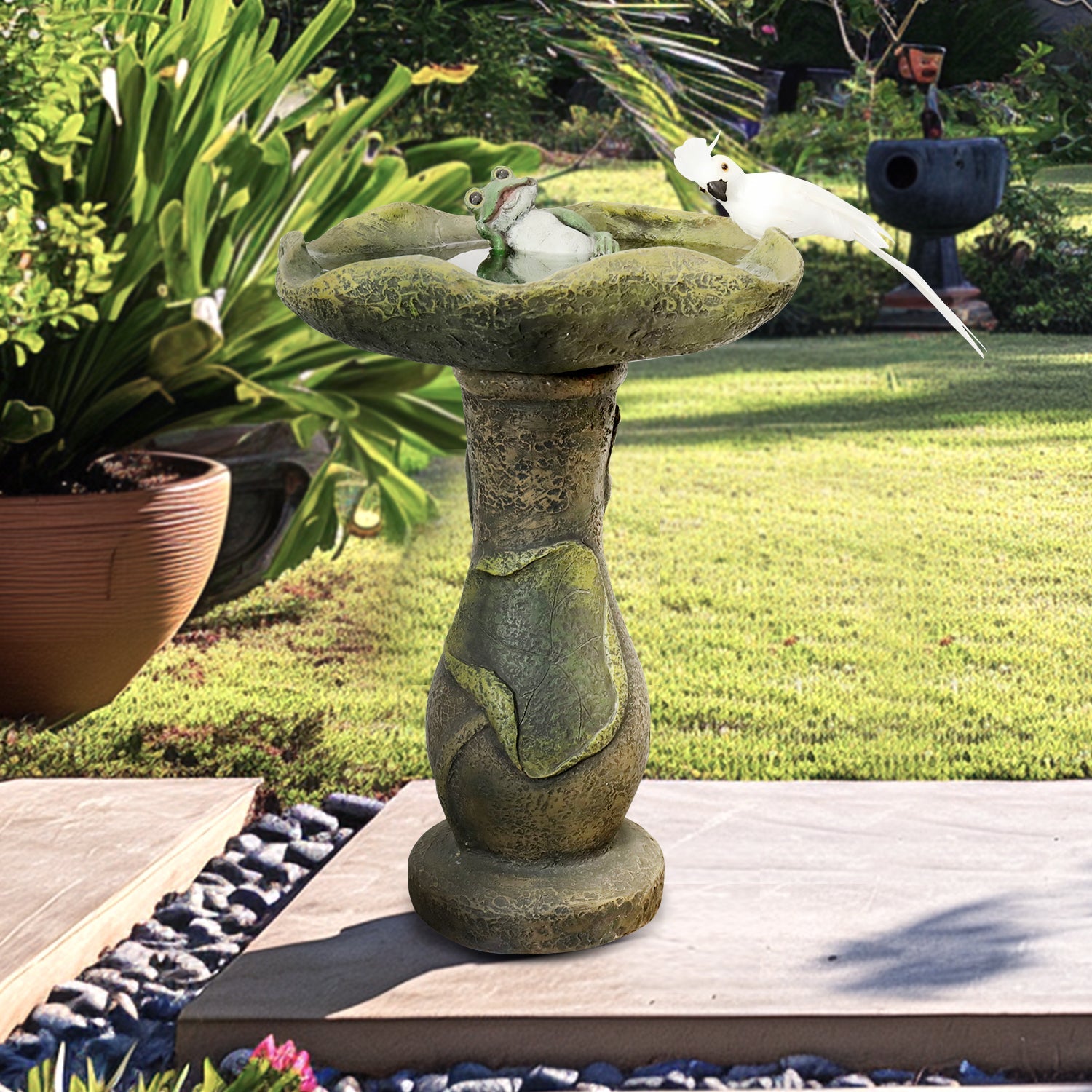 Concrete Outdoor Freestanding Bird Bath for Garden with Lotus Birdbath Bowl and a Frog Decorative Statue-20.8”Tall