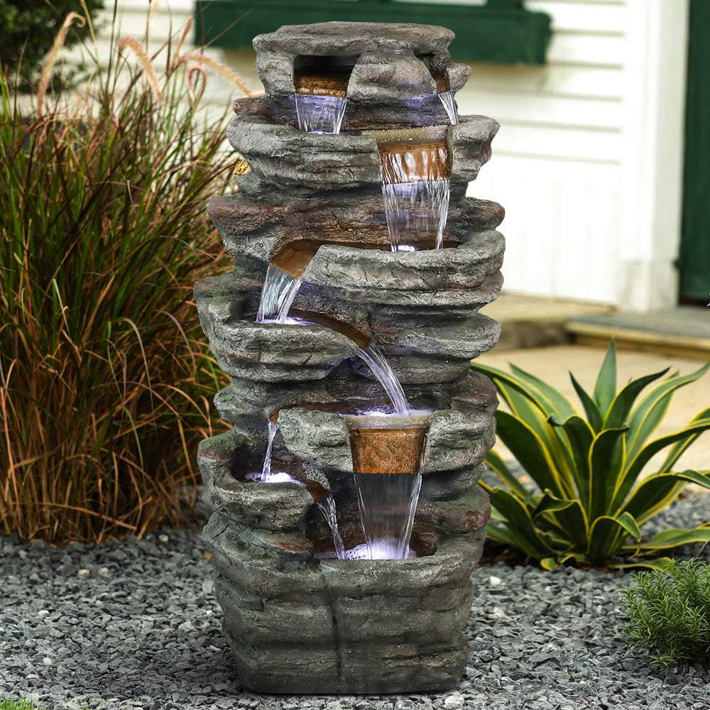 48" H 7-Tiered Stacked Shale Outdoor Fountain with LED Lights