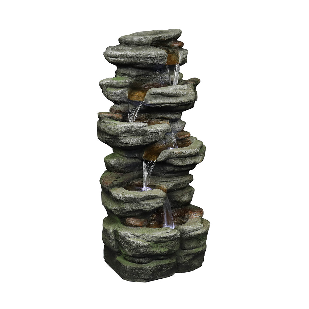 30.7"H- Tiered  Rock Garden Outdoor Fountain with White LED Lights