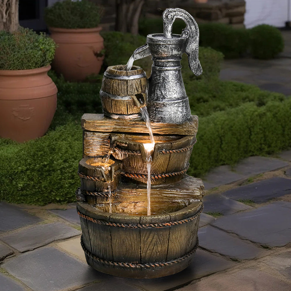 25.5''H 3-Tiered Retro Barrel Outdoor Fountain with LED Lights