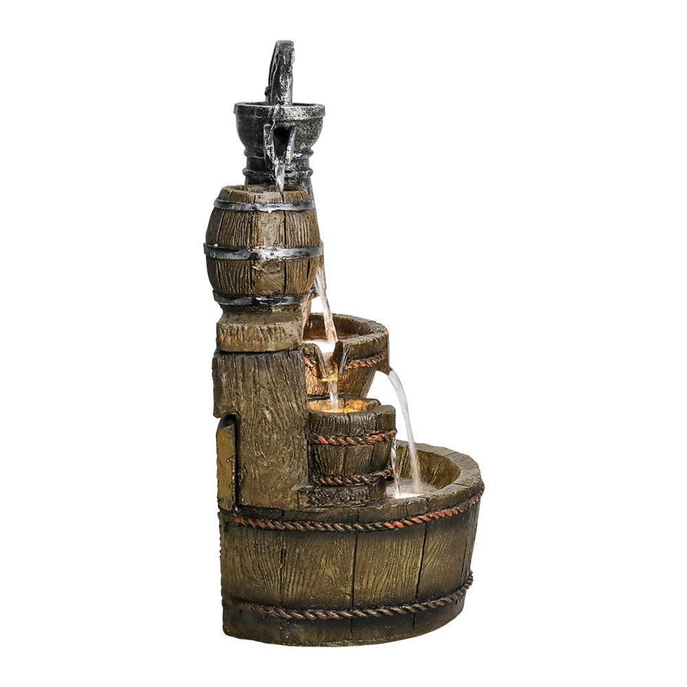 25.5''H 3-Tiered Retro Barrel Outdoor Fountain with LED Lights