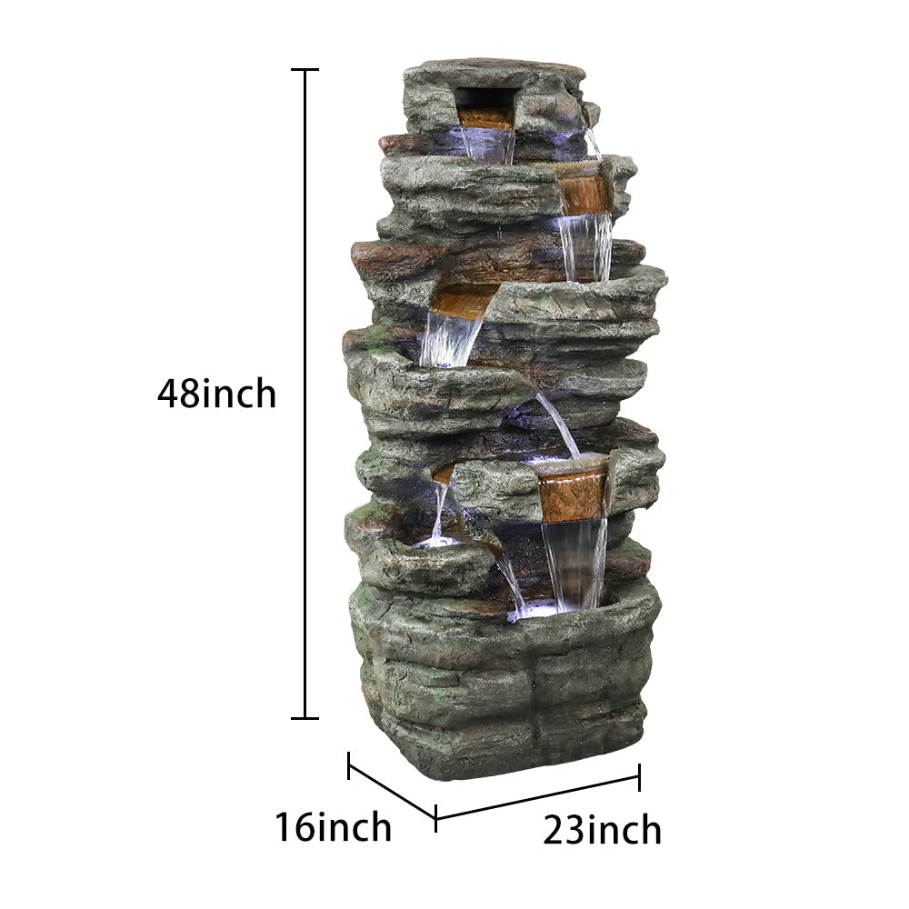 48" H 7-Tiered Stacked Shale Outdoor Fountain with LED Lights