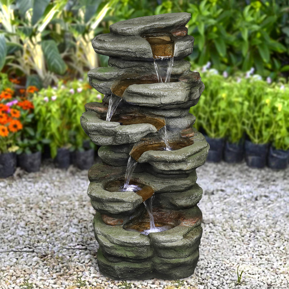 30.7"H- Tiered  Rock Garden Outdoor Fountain with White LED Lights