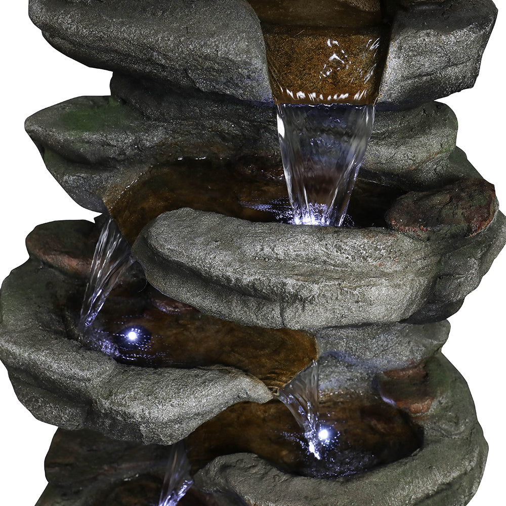 30.7"H- Tiered  Rock Garden Outdoor Fountain with White LED Lights