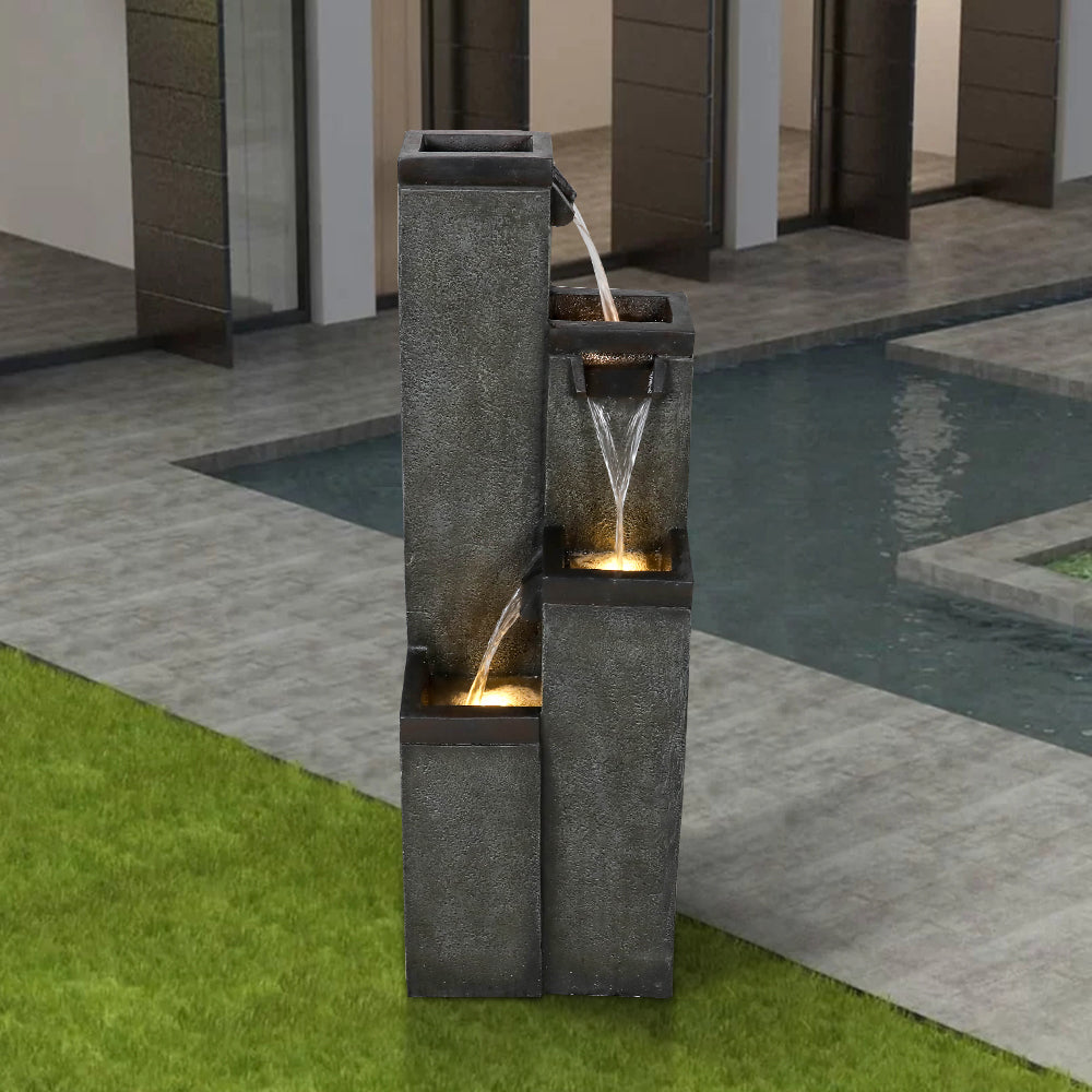 39.3"H 4-Tiered Square Outdoor Fountain with Warm LED Lights