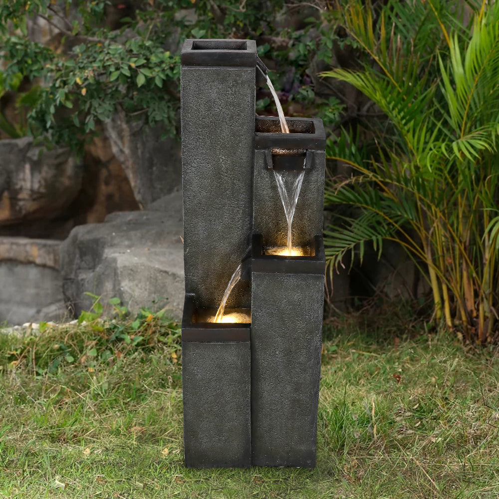 39.3"H 4-Tiered Square Outdoor Fountain with Warm LED Lights